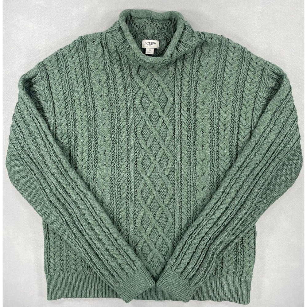 J.Crew Womens Sweater Mock Neck Cable Knit Green Cotton Blend S